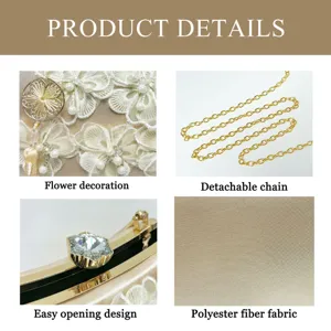 Evening bag detail showcasing floral embroidery, detachable gold chain, and crystal clasp.