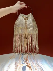 Women Luxurious Tassel Sequin Evening Bag Elegant Pleated Bucket Bag With Ring Metal Handle Shiny Rhinestone Dinner Purse For Party Elegant Ladies Pouch