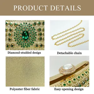 Detail view of luxurious rhinestone evening clutch bag with detachable chain and gold fabric.