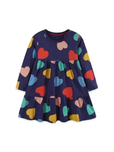 Vestido de manga larga para niña con volantes y estampado de corazones coloridos algodón