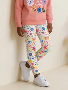 Girls Western Style Cotton Leggings Cute Cartoon Flower Rainbow Printed Elastic Waist Knit Long Pants For Kids Autumn Bottom