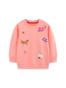 Cute girls long sleeve pink sweatshirt with cartoon animal embroidery for autumn daily wear.
