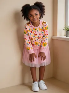 Mädchen rosa Cartoon-Print Sweatshirt mit Tüllrock Set, süßes Langarm Freizeitoutfit.