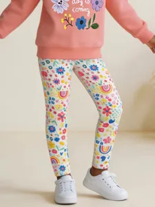 Girls long leggings and sweatshirt set, cute floral rainbow print, autumn children clothing
