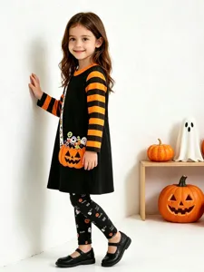 Meisjes Halloween Pullover Top And Bottom Set Lange Mouw Gestreepte Pompoen Patch Jurk Patroon Bedrukte Leggings Kleding Set