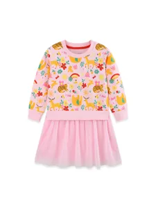 Schönes rosa Mädchen Langarm Sweatshirt Mesh Kleid mit süßem Cartoonprint für den Herbst.