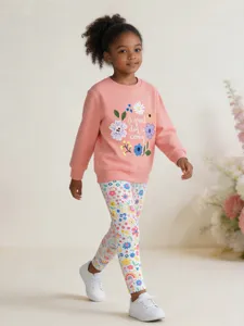 Cute toddler girls floral print sweatshirt and leggings set, comfortable autumn kids clothing.