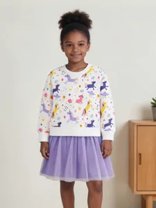 Autumn girls sweatshirt and tulle skirt set featuring cute unicorn print long sleeve top.
