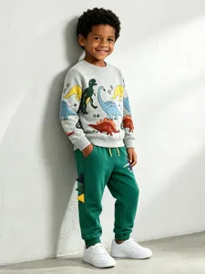 Jungen Western Strickbaumwolle Cartoon Dinosaurier Gestickt Pullover Sweatshirt Und Lange Jogginghose Zweiteiliges Casual Kleidung Set Für Herbst Kleinkind Kinder