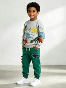 Jungen Dinosaurier Print Sweatshirt und grüne Jogginghose Set für den Herbst Alltag.