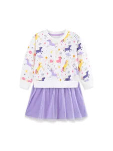 Girls long sleeve unicorn print sweatshirt dress with purple tulle mesh skirt for autumn.