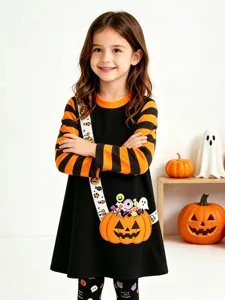 Kinderen Halloween Gestreepte Jurk met Lange Mouwen en Leggingset met Pompoen Tas
