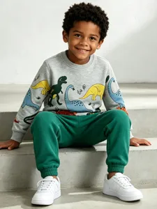 Jungen graues Sweatshirt und grüne Jogginghose Set mit niedlichen Dinosaurier Prints.