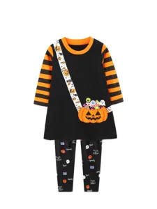 Kinderen Halloween gestreepte jurk met lange mouwen en legging set, pompoen.