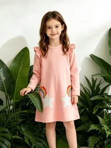Meisjes Lange Mouwen Katoen Gebreide Jurk Geborduurd Ster Regenboog Prinsessenjurk Ronde Hals Ruches Casual Outfits Zoete Herfst Winter Jurk