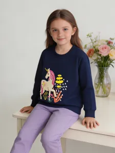 Girls Casual Cotton Sweatshirt Western Style Cartoon Unicorn Printed Pullover Long Sleeve Round Neck Top For Kids Wear