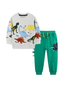 Jungen Dinosaurier Sweatshirt und Jogginghose Set Herbst Freizeit zwei Teile grau grün