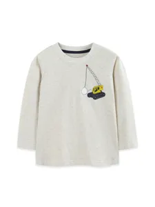 Jungen Langarmshirt, hellgraues meliertes Sweatshirt mit Baustellenkran Grafik auf der Brust.