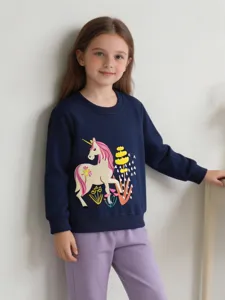 Cute girls dark blue crewneck sweatshirt featuring adorable embroidered unicorn design.
