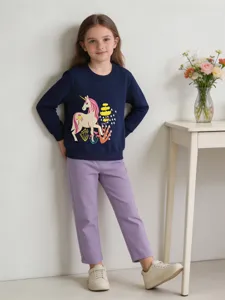 Girls cute unicorn print long sleeve crewneck sweatshirt in navy blue for casual daily wear main view