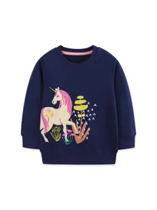 Girls cute unicorn embroidered dark blue cotton pullover sweatshirt for kids daily casual wear