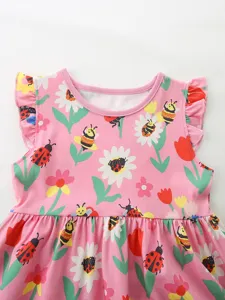 Schattige roze zomerjurk voor kleine meisjes met lieveheersbeestje en bijenprint, katoen.