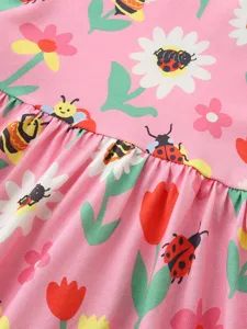 Leuke zomer peuter meisjes roze cartoon bij lieveheersbeestje bloemen knit jurk