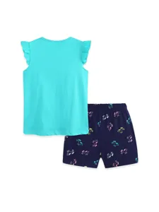 Girls Summer Cotton Pullover Top And Bottom Set Cute Cartoon Unicorn Print Ruffle Short Sleeve T-Shirt With Shorts Pack For Kids Casual Outfits