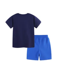 Western Style Kids Cotton Clothing Set Pullover Round Neck Short Sleeve Top And Straight Shorts Contrast Drawstring Printed Play Time Tennis Rocket Cartoon Outfit For Toddlers Boys