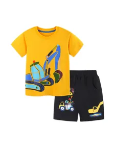 Toddler Boy Summer Cotton Excavator Print Short Sleeve T-Shirt And Shorts Two Piece Set Yellow Black Casual Kids Clothing Set