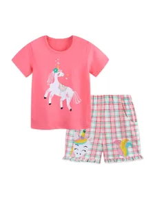 Women Top And Bottom Set Girl Summer Short Sleeve Unicorn Print T-Shirt Plaid Shorts Knitted Cotton Casual Toddler Kids Clothing