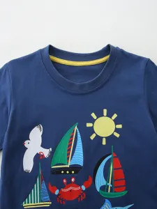 Blue cotton baby boy short-sleeve t-shirt with cute marine cartoon prints and crewneck collar.