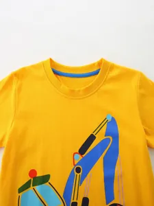 Boys yellow short sleeve t-shirt with cute excavator print, comfortable casual summer kids top.