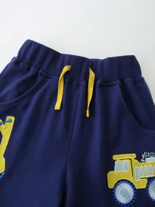 Kids knitted cotton shorts with cute cartoon car embroidery, elastic waistband and yellow drawstrings.