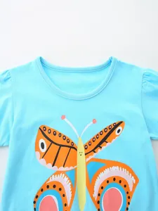 Παιδικό μπλε κοντομάνικο t-shirt με χαριτωμένο σχέδιο πεταλούδας για κοριτσάκια καθημερινά