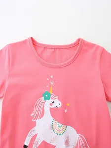 Pink cotton short-sleeve t-shirt for girls featuring a cute unicorn and star print design.