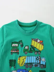 Green cotton kids short sleeve t-shirt with cute cartoon garbage truck print for boys