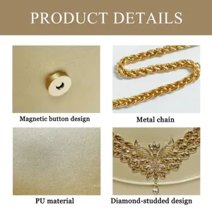 Detailansicht der luxuriösen goldenen Abendtasche mit Strassverzierung und Metallkette.