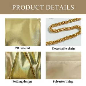 Gold evening bag detail close up showing PU material, detachable chain and folding design.