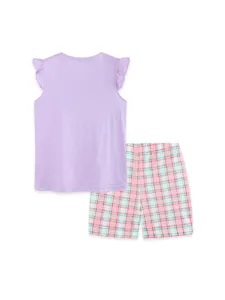 Cute Girls Summer Clothes Set Ruffle Sleeve Purple Top And Plaid Shorts Toddler Embroidered Cotton Two Piece Outfit