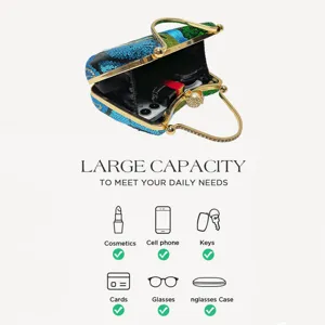 Detail view of the sequin embroidered evening clutch interior capacity showing daily essentials storage.