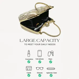 Detailed view of gold rhinestone evening clutch bag with large capacity and elegant pearl design.