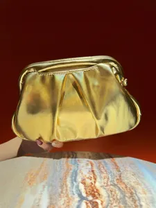 Elegant Pleated Evening Clutch Bag PU Leather Shiny Metallic Handbag With Chain Strap For Women Party Wedding Banquet Bag
