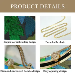Exquisite sequin embroidered evening clutch bag detail featuring diamond handle and chain.