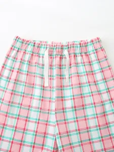 Summer kids plaid shorts for girls, pink and green check casual toddler clothing daily wear.