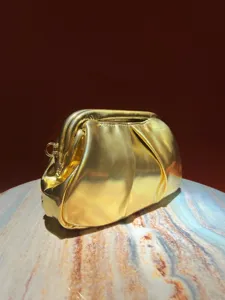 Elegant gold metallic clutch bag for women, shiny gathered design evening party handbag.