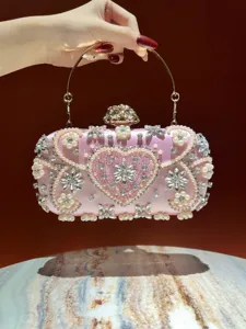 Damen Bestickt Herz Abendtasche Strass Perlen Clutch Handtasche Für Bankett Hochzeit Party Elegant Polyester Handtasche