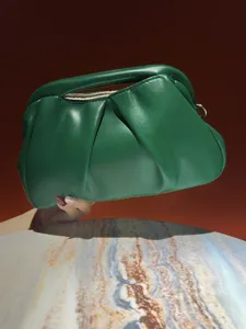 Green pleated evening clutch bag, elegant high-end glossy shoulder handbag for women party.