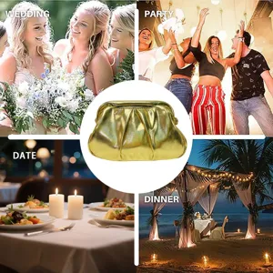 Gold metallic pleated clutch bag for women, elegant evening party wedding purse handbag.