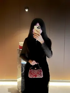 Exquisite red beaded evening clutch bag with metal handle, elegant accessory for women.